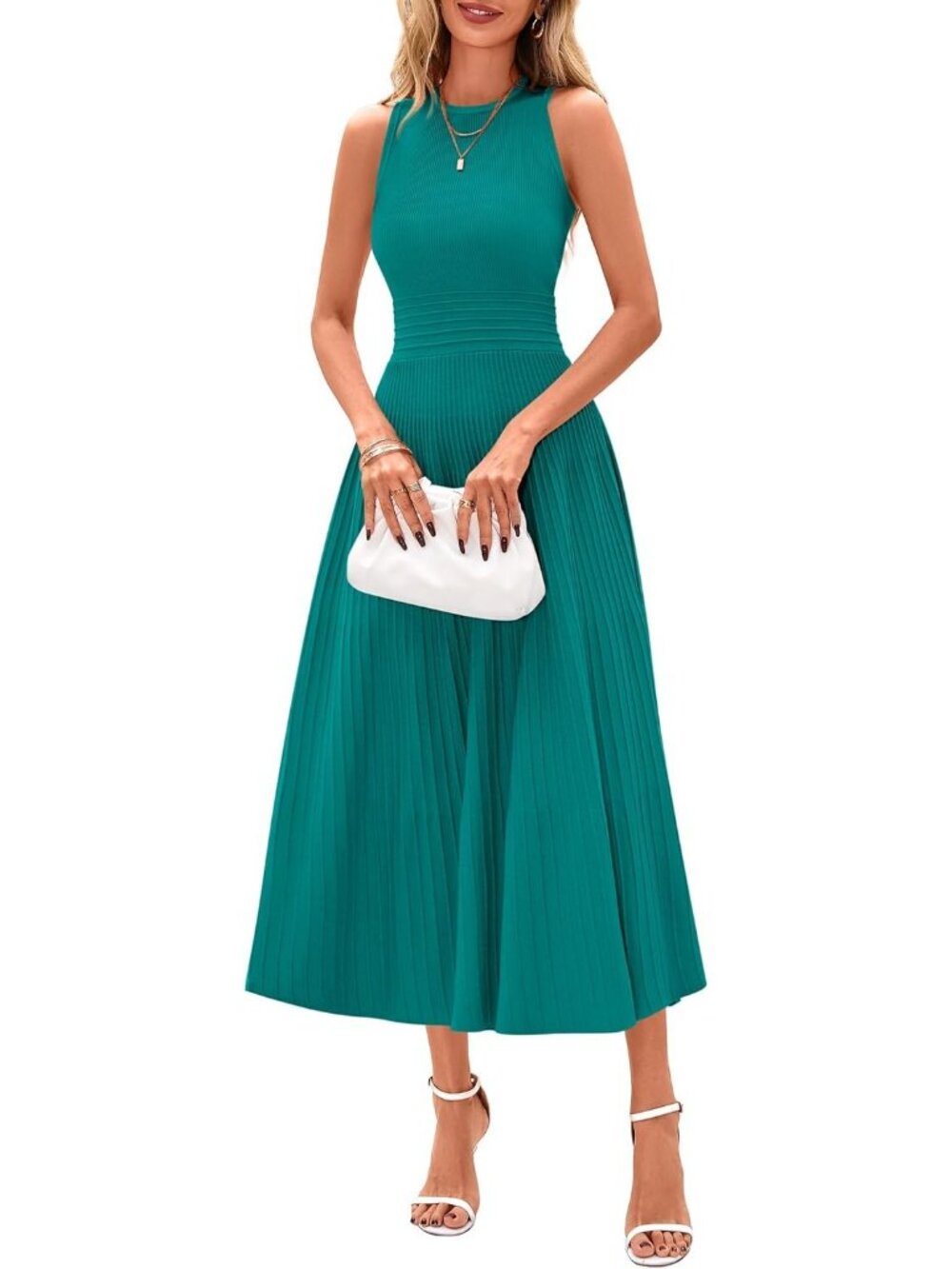 Women's Dress Midi Blue Green Crew Neck Short Sleeveless A Line Casual Summer